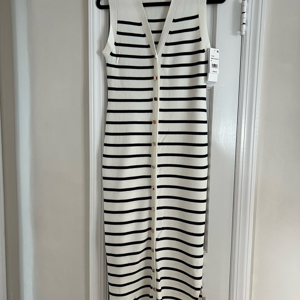 French Connection Black and White Striped Midi Dress